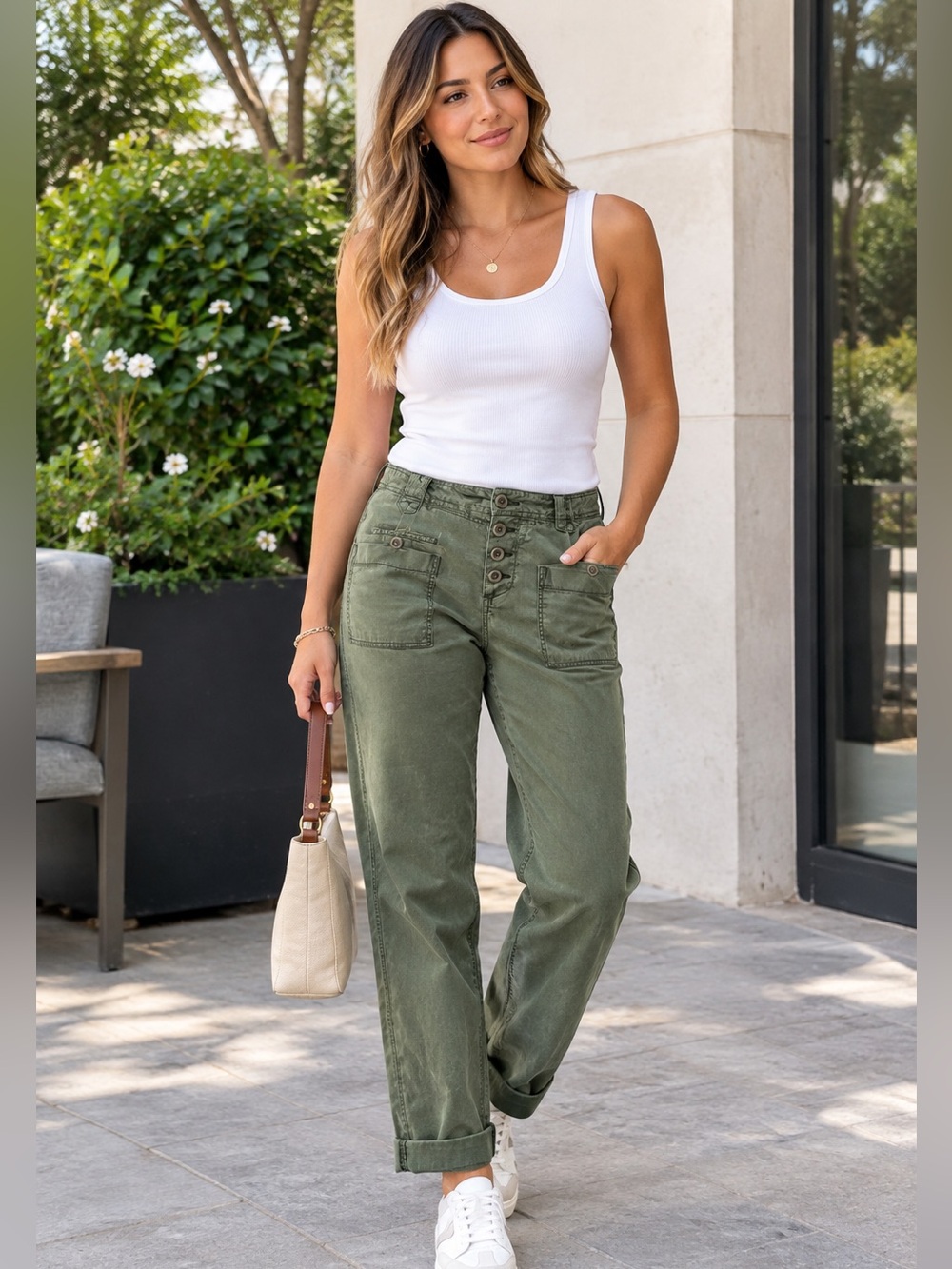 Heihei Women’s Olive Green Button-Fly Casual Jeans